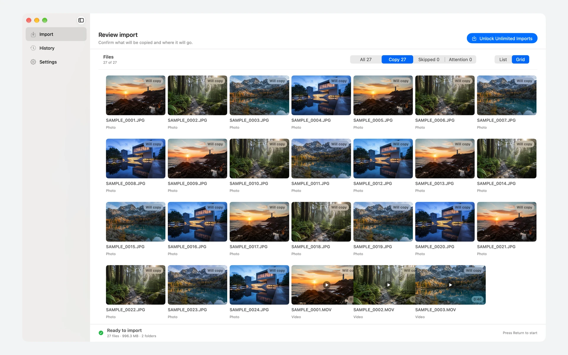 SD Card Import showing a grid preview of 27 sample photos and videos.