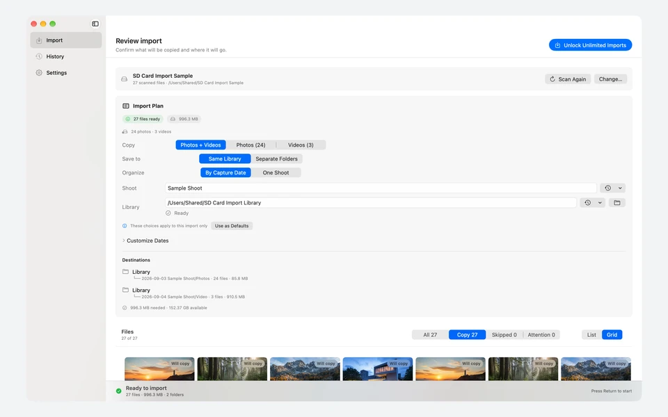 SD Card Import showing the shoot name, destination library, and folders organized by capture date.